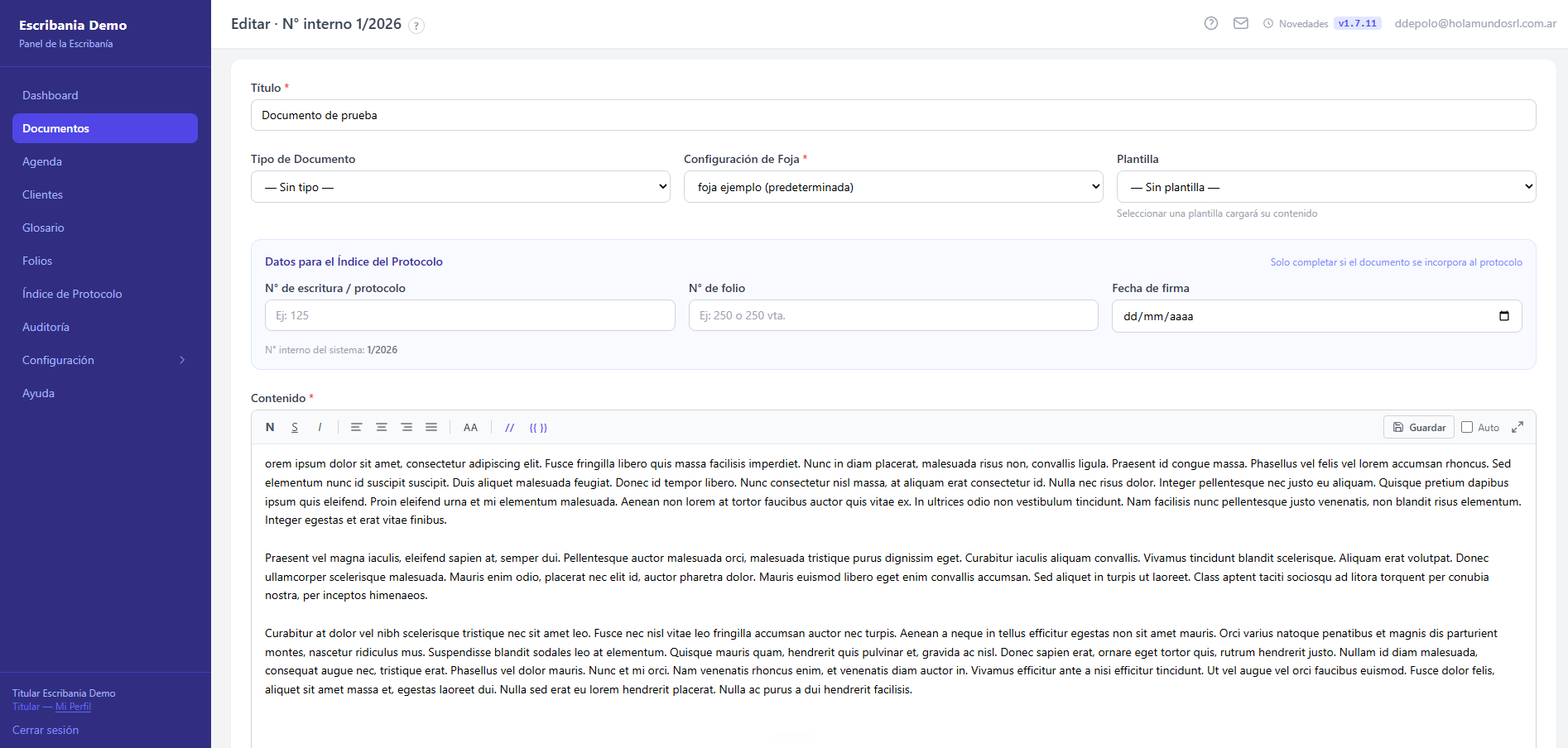 Editor de redacción con motor de paginación de Notarial SaaS
